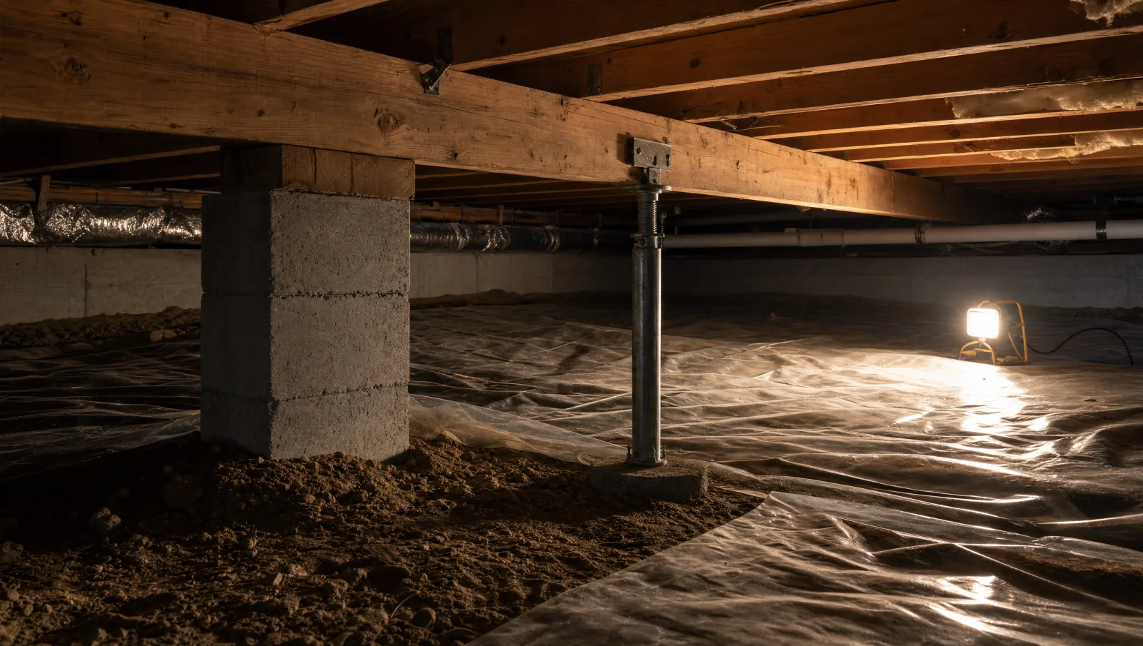 Interior view of a residential crawl space showing wood floor joists overhead, a steel adjustable jack post supporting a beam, bare soil flooring, and a plastic vapor barrier.