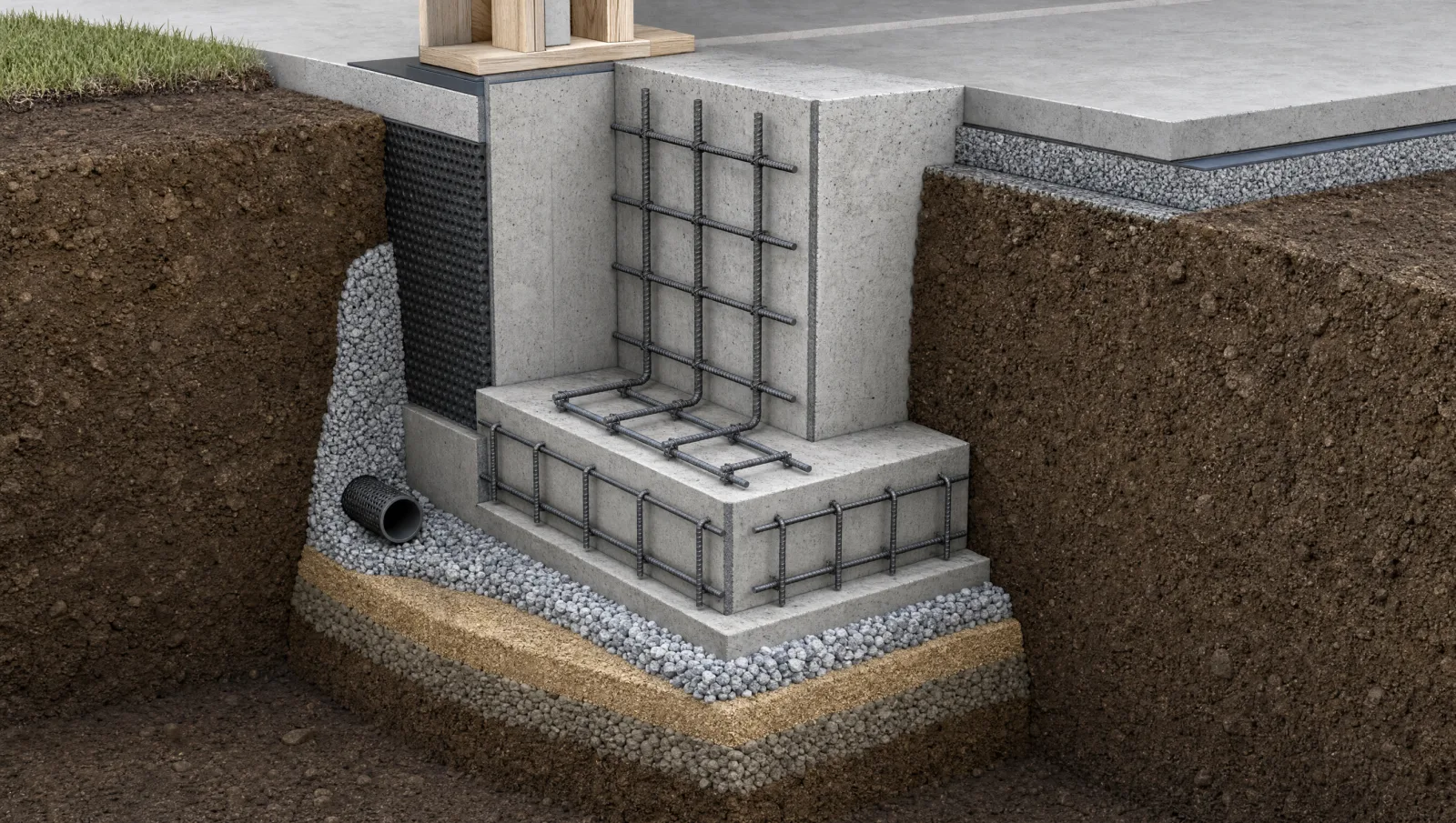 Cross-section illustration of a reinforced concrete footing and foundation wall system beneath a slab, showing rebar reinforcement, compacted soil layers, and a gravel drainage bed at the base of the wall.