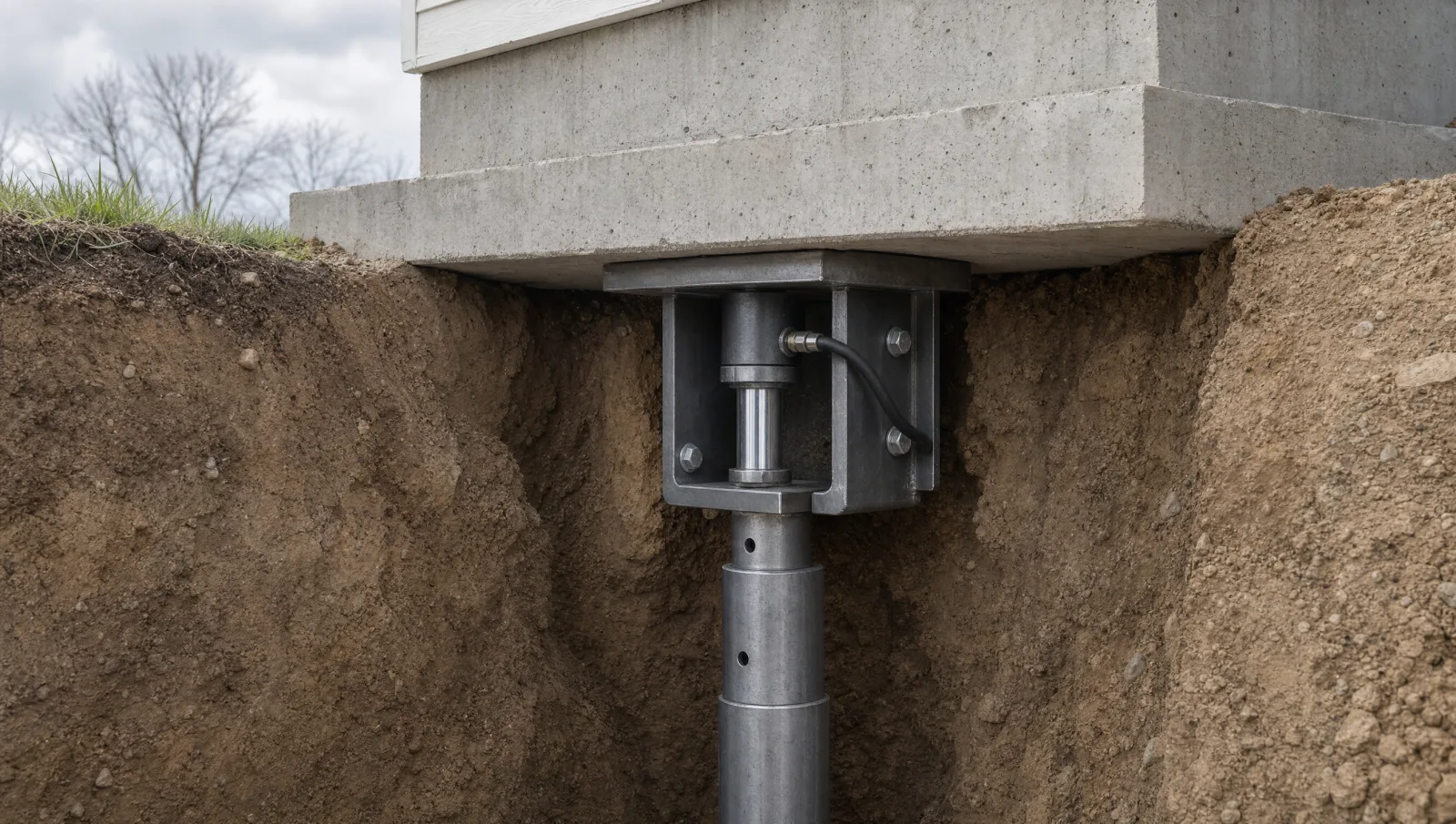 Illustration of a hydraulic push pier system installed beneath a foundation footing, showing steel pier sections and a hydraulic ram bracket against excavated soil.