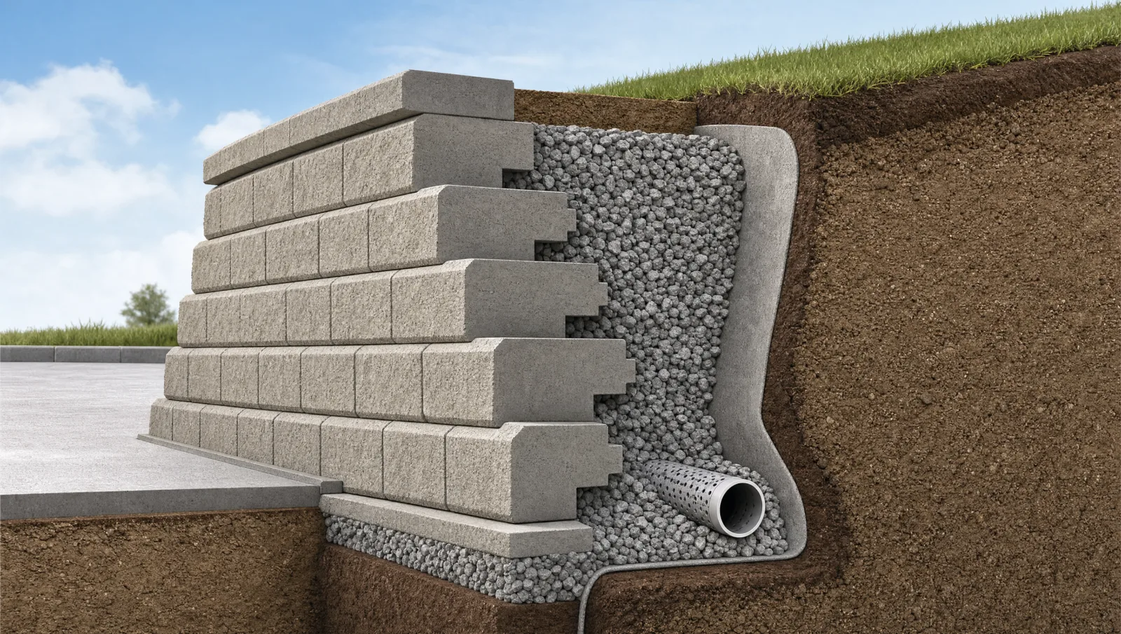 Cross-section illustration of a segmental retaining wall holding back a sloped earth grade, showing interlocking concrete blocks, a gravel backfill zone, and a perforated drainage pipe at the base.