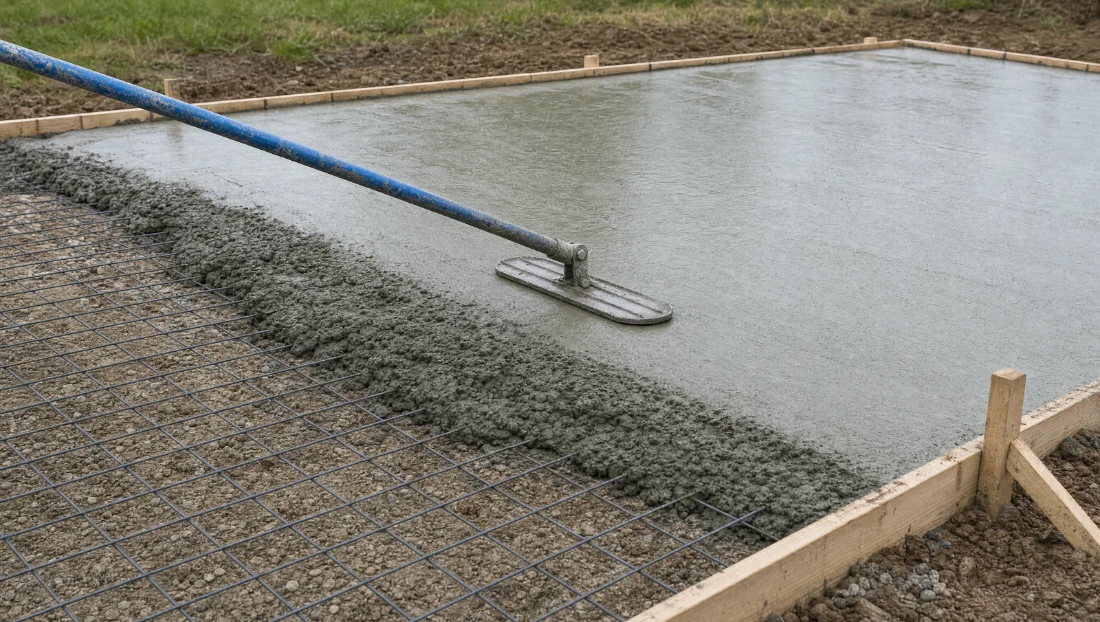 Illustration of a poured concrete slab installation in progress, with wet concrete being leveled by a bull float, wooden forming boards at the edges, and wire mesh reinforcement visible beneath the surface.